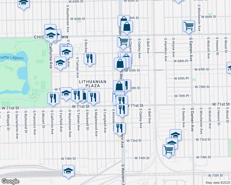 map of restaurants, bars, coffee shops, grocery stores, and more near 7015 South Artesian Avenue in Chicago