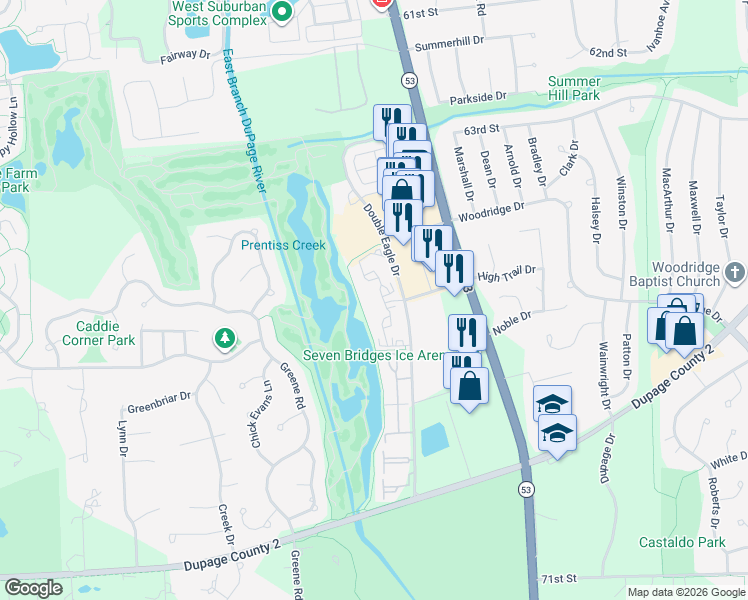 map of restaurants, bars, coffee shops, grocery stores, and more near 6466 Double Eagle Drive in Woodridge