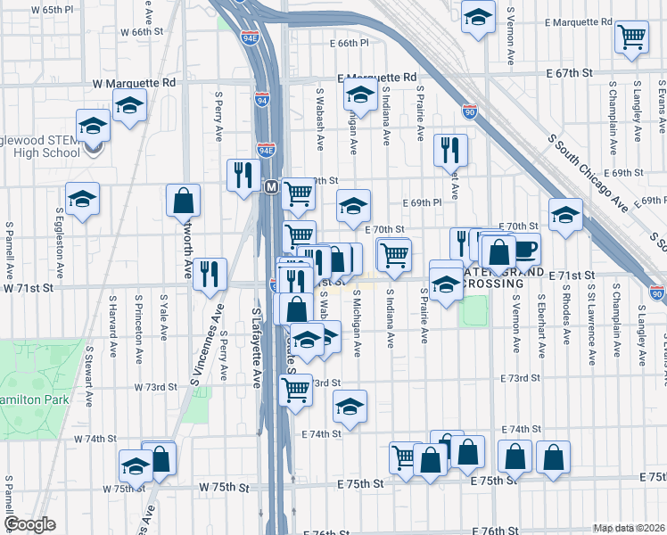 map of restaurants, bars, coffee shops, grocery stores, and more near 7042 South Michigan Avenue in Chicago