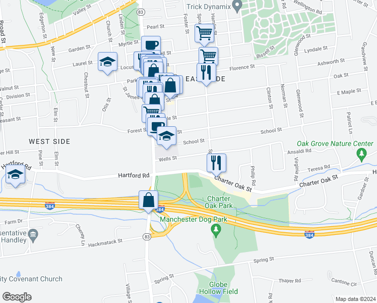 map of restaurants, bars, coffee shops, grocery stores, and more near 63 Wells Street in Manchester