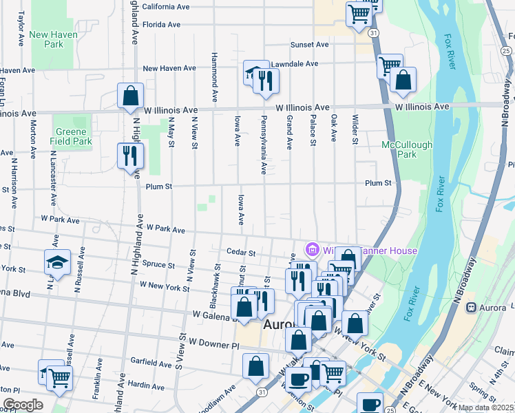 map of restaurants, bars, coffee shops, grocery stores, and more near 438 Pennsylvania Avenue in Aurora