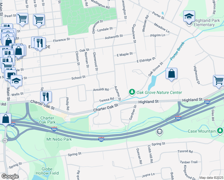 map of restaurants, bars, coffee shops, grocery stores, and more near 10 Ansaldi Road in Manchester