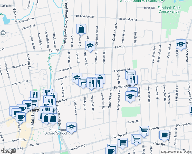map of restaurants, bars, coffee shops, grocery stores, and more near 59 Milton Street in West Hartford