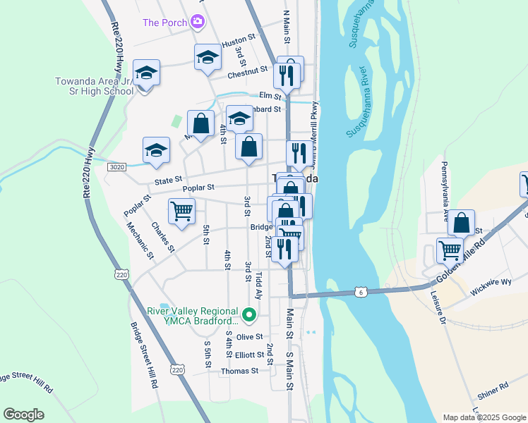 map of restaurants, bars, coffee shops, grocery stores, and more near 402 2nd Street in Towanda