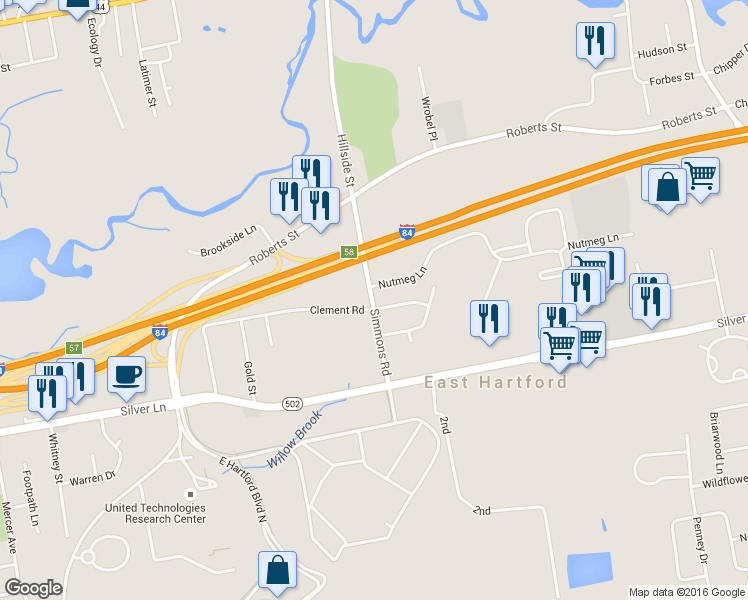 map of restaurants, bars, coffee shops, grocery stores, and more near 80 Simmons Road in East Hartford
