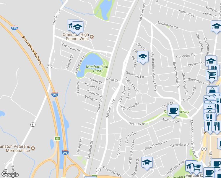 map of restaurants, bars, coffee shops, grocery stores, and more near 11 King Circle in Cranston