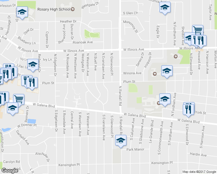 map of restaurants, bars, coffee shops, grocery stores, and more near 305 North Evanslawn Avenue in Aurora
