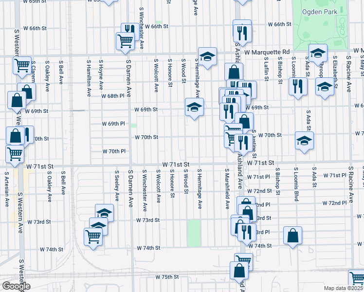 map of restaurants, bars, coffee shops, grocery stores, and more near 7018 South Wood Street in Chicago