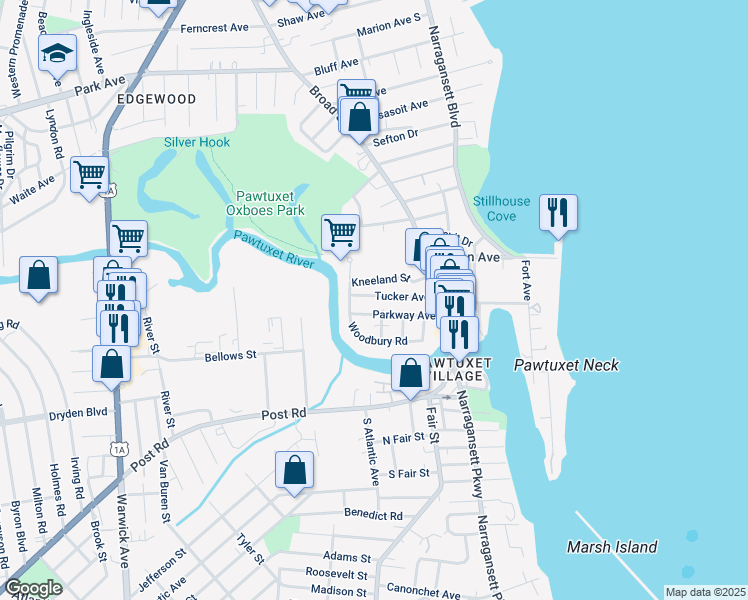 map of restaurants, bars, coffee shops, grocery stores, and more near 62 Tucker Avenue in Cranston
