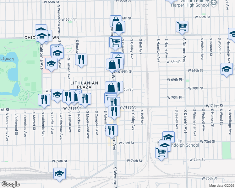 map of restaurants, bars, coffee shops, grocery stores, and more near 7016 South Claremont Avenue in Chicago