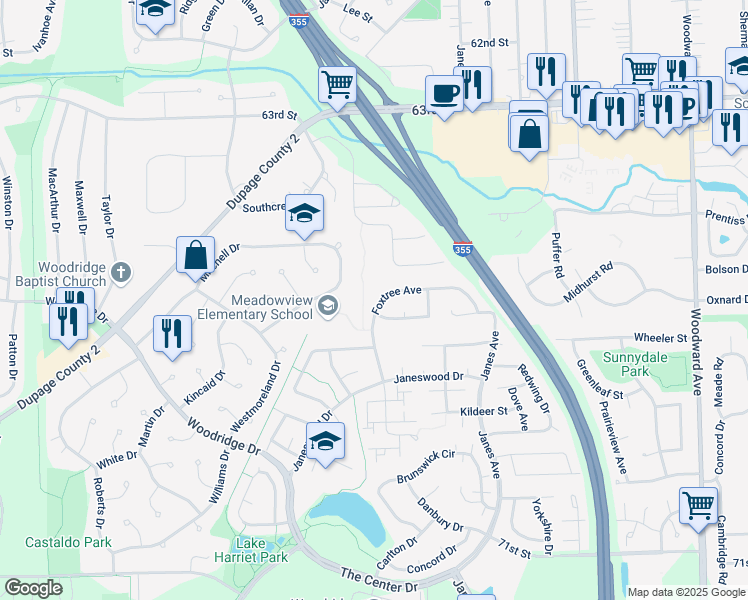map of restaurants, bars, coffee shops, grocery stores, and more near 6688 Foxtree Avenue in Woodridge