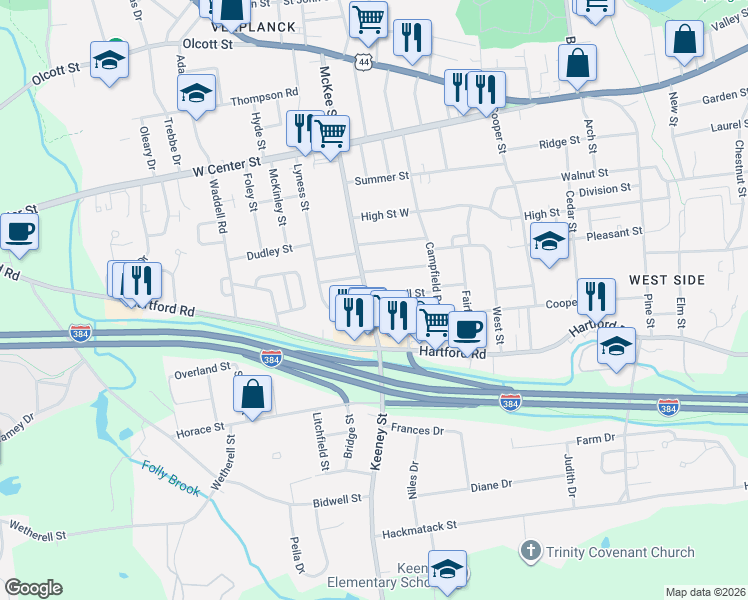 map of restaurants, bars, coffee shops, grocery stores, and more near 227 McKee Street in Manchester