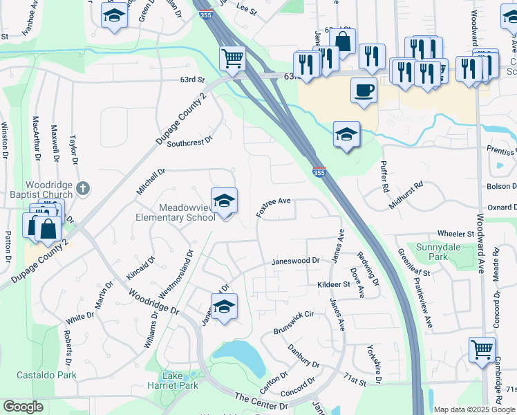 map of restaurants, bars, coffee shops, grocery stores, and more near 6688 Foxtree Avenue in Woodridge