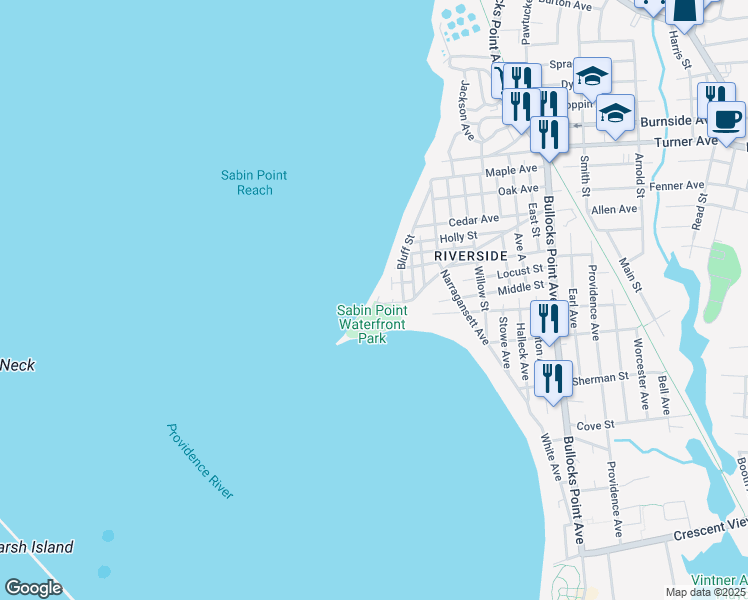 map of restaurants, bars, coffee shops, grocery stores, and more near 130 Sabin Point in East Providence