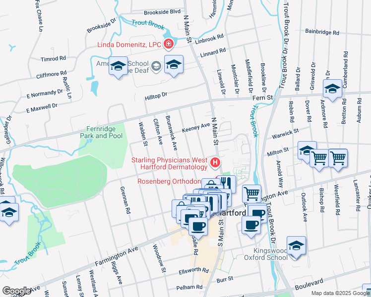 map of restaurants, bars, coffee shops, grocery stores, and more near 109 Arundel Avenue in West Hartford