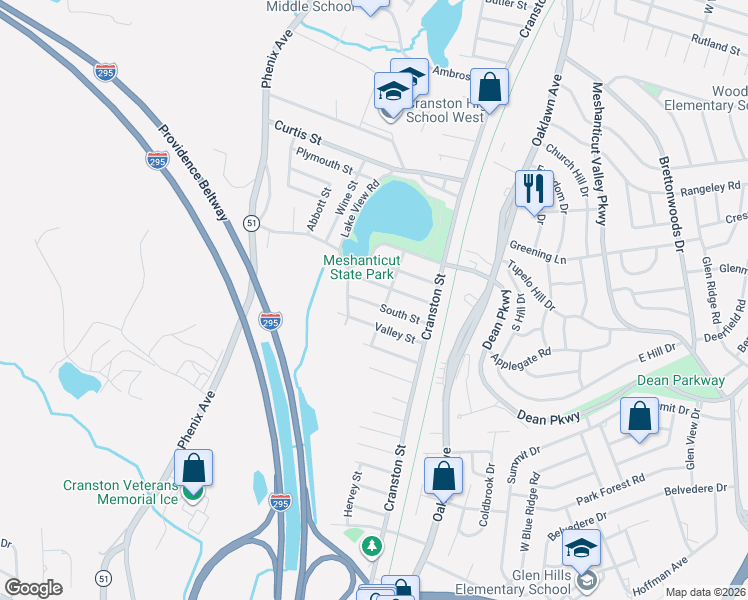 map of restaurants, bars, coffee shops, grocery stores, and more near 45 Overhill Road in Cranston