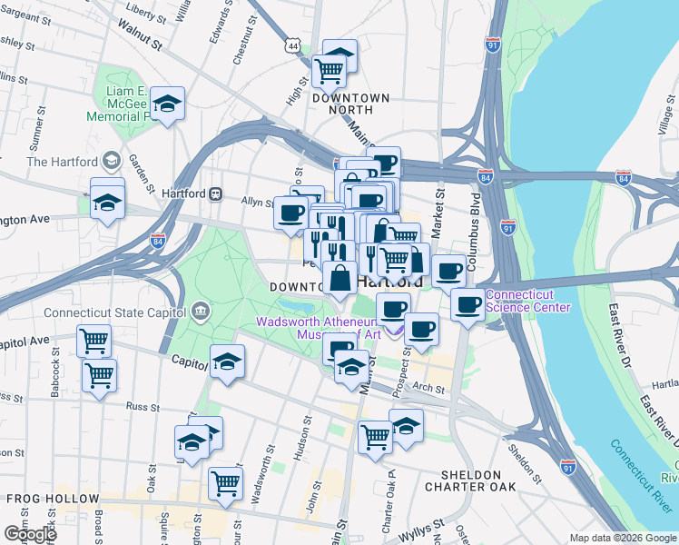 map of restaurants, bars, coffee shops, grocery stores, and more near in Hartford