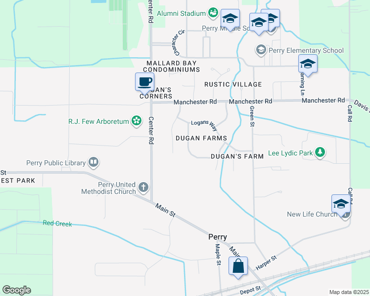 map of restaurants, bars, coffee shops, grocery stores, and more near 3910 Dugans Landing in Perry