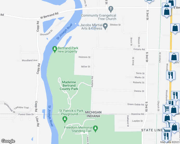 map of restaurants, bars, coffee shops, grocery stores, and more near 3018 Adams Road in Niles