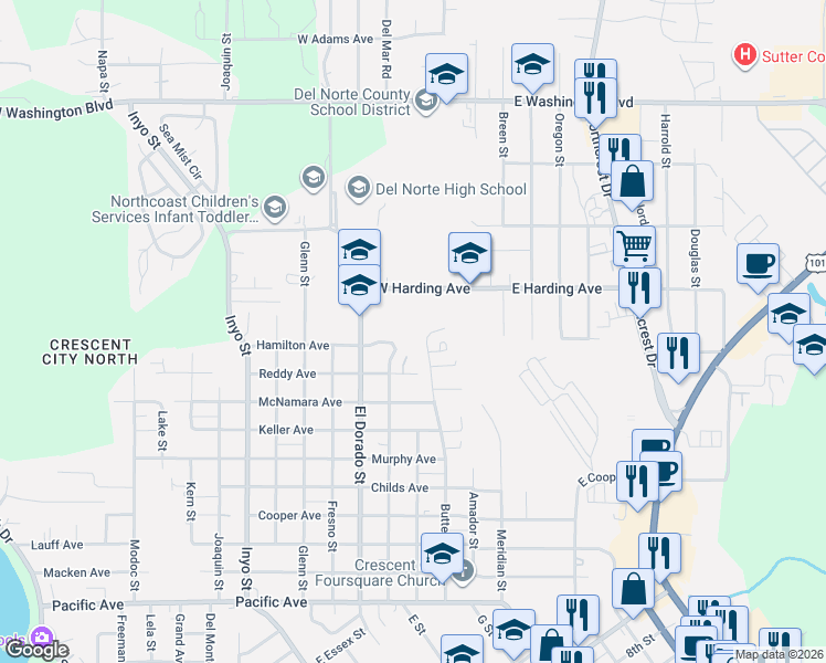 map of restaurants, bars, coffee shops, grocery stores, and more near 165 Dream Street in Crescent City