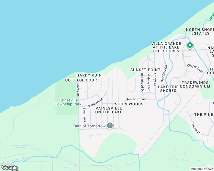 map of restaurants, bars, coffee shops, grocery stores, and more near 153 Sycamore Drive in Painesville