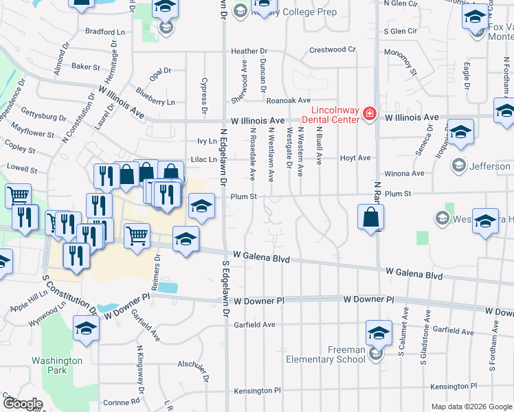 map of restaurants, bars, coffee shops, grocery stores, and more near 221 North Rosedale Avenue in Aurora