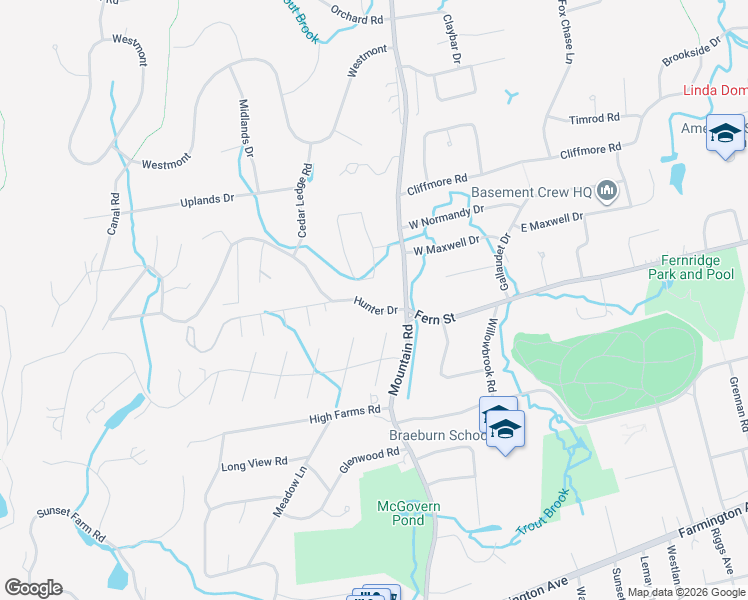 map of restaurants, bars, coffee shops, grocery stores, and more near 16 Hunter Drive in West Hartford