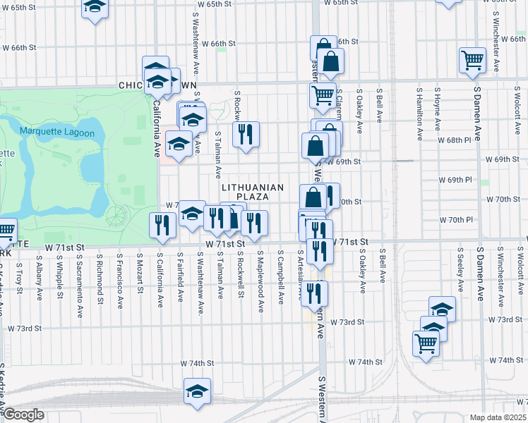 map of restaurants, bars, coffee shops, grocery stores, and more near 7011 South Maplewood Avenue in Chicago