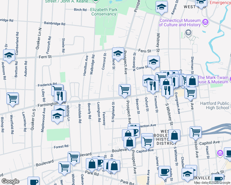 map of restaurants, bars, coffee shops, grocery stores, and more near 6 Highland Street in West Hartford