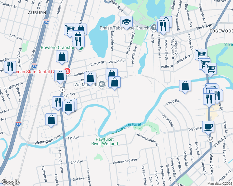 map of restaurants, bars, coffee shops, grocery stores, and more near 41 Wheatland Ave in Cranston