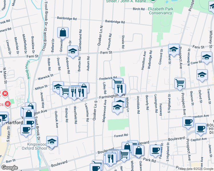 map of restaurants, bars, coffee shops, grocery stores, and more near in Hartford