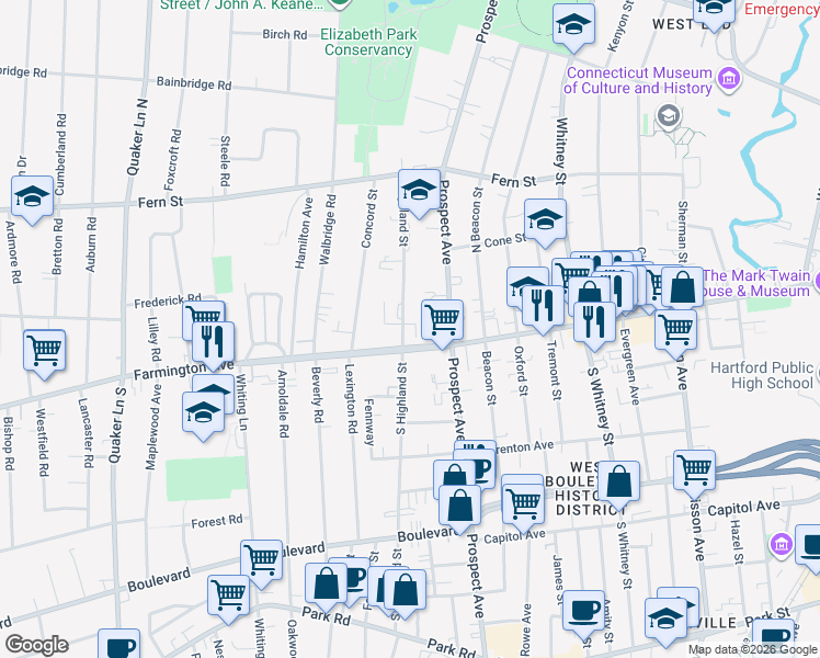 map of restaurants, bars, coffee shops, grocery stores, and more near 6 Highland Street in West Hartford