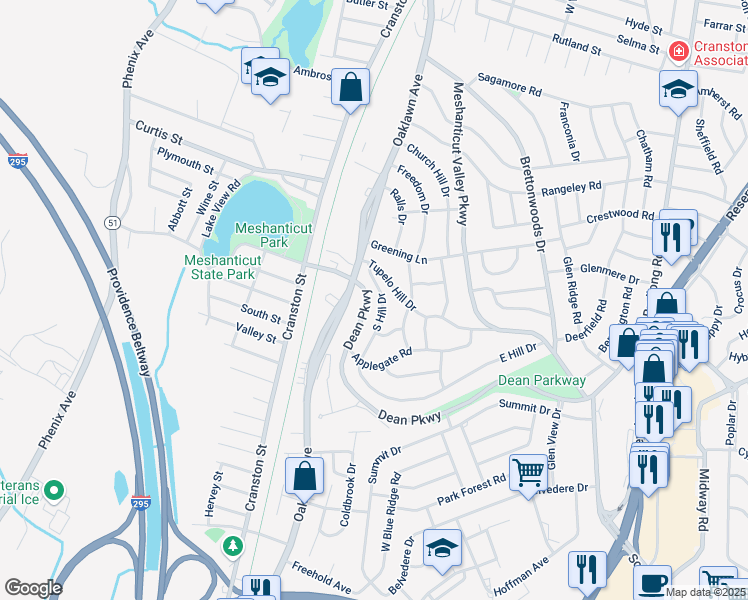 map of restaurants, bars, coffee shops, grocery stores, and more near 55 South Hill Drive in Cranston