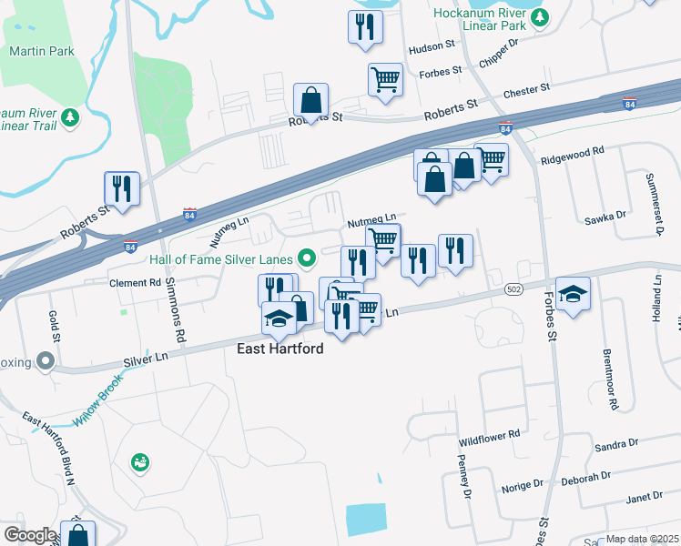 map of restaurants, bars, coffee shops, grocery stores, and more near 107 Applegate Lane in East Hartford