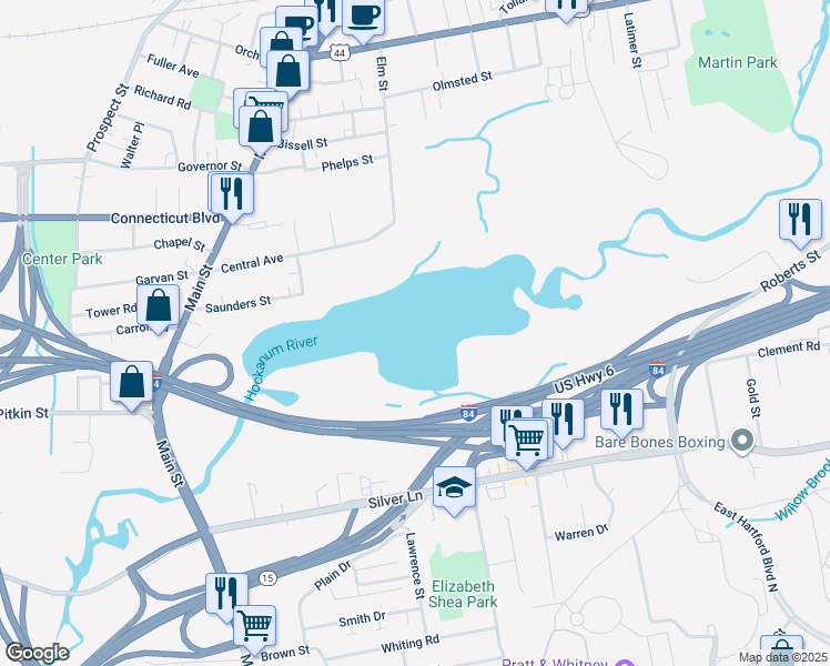 map of restaurants, bars, coffee shops, grocery stores, and more near 21 Indian Hill Street in East Hartford