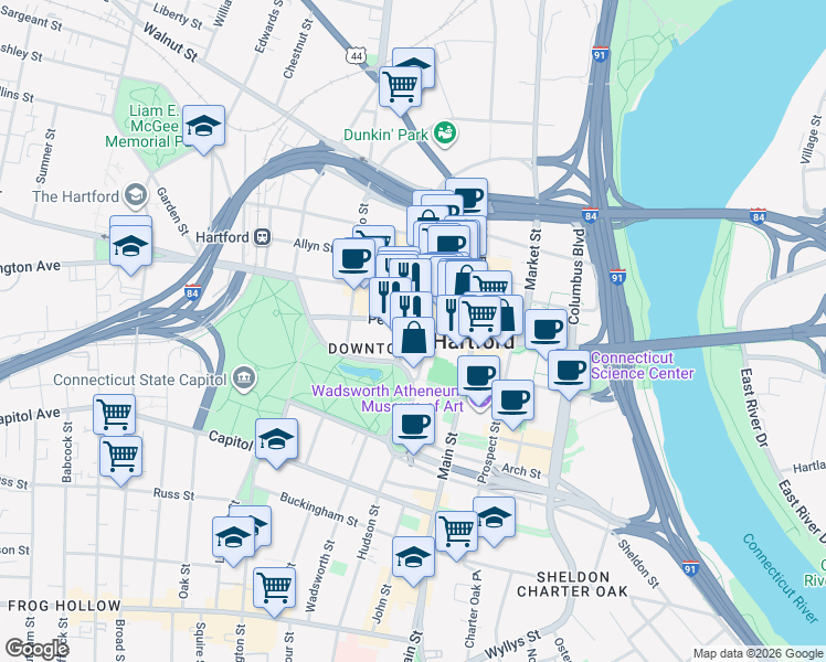map of restaurants, bars, coffee shops, grocery stores, and more near in Hartford