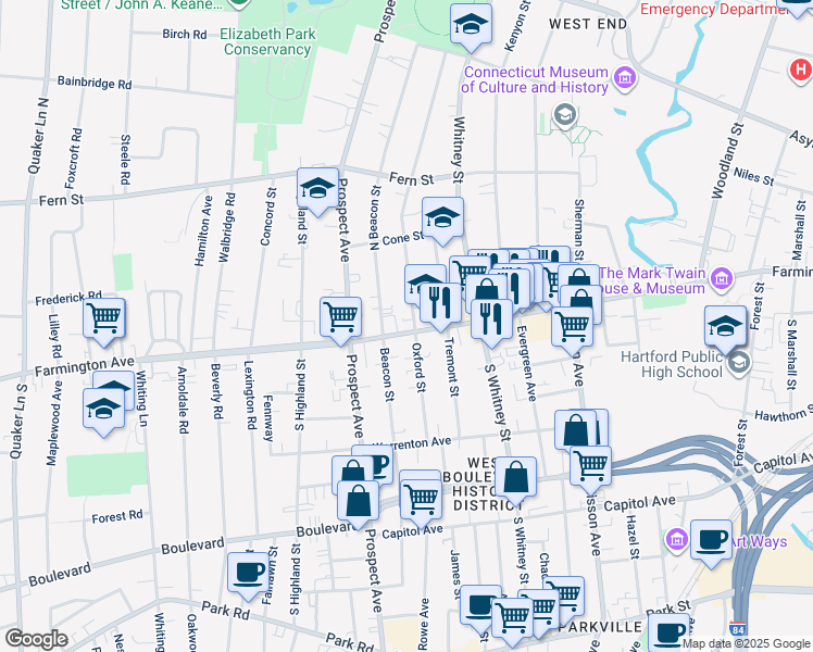map of restaurants, bars, coffee shops, grocery stores, and more near in Hartford