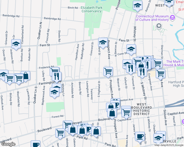 map of restaurants, bars, coffee shops, grocery stores, and more near 4 Concord Street in West Hartford