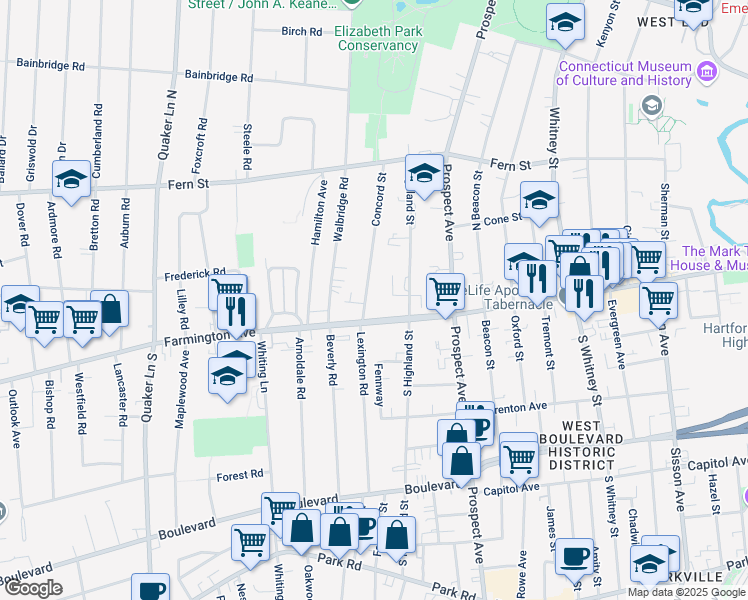 map of restaurants, bars, coffee shops, grocery stores, and more near 4 Concord Street in West Hartford