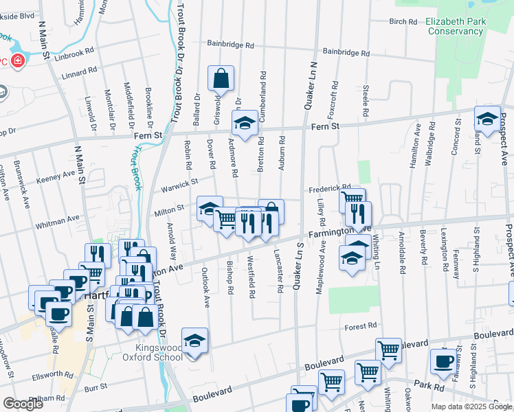 map of restaurants, bars, coffee shops, grocery stores, and more near 59 Milton Street in West Hartford