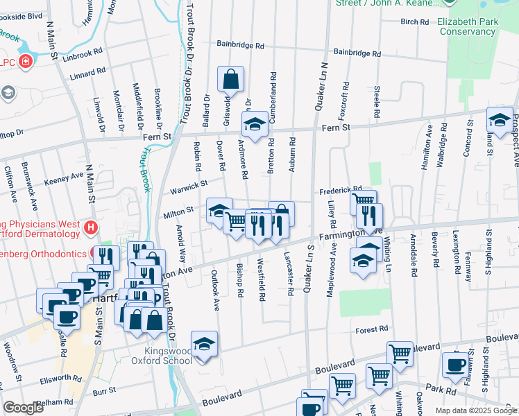 map of restaurants, bars, coffee shops, grocery stores, and more near 59 Milton Street in West Hartford
