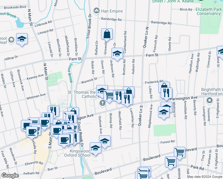 map of restaurants, bars, coffee shops, grocery stores, and more near 55 Ardmore Road in West Hartford