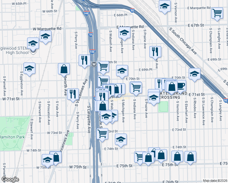 map of restaurants, bars, coffee shops, grocery stores, and more near 7042 South Michigan Avenue in Chicago