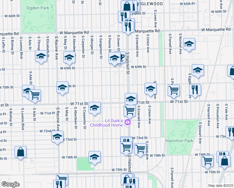map of restaurants, bars, coffee shops, grocery stores, and more near 7033 South Peoria Street in Chicago