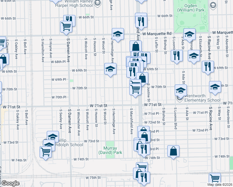 map of restaurants, bars, coffee shops, grocery stores, and more near 7021 South Hermitage Avenue in Chicago