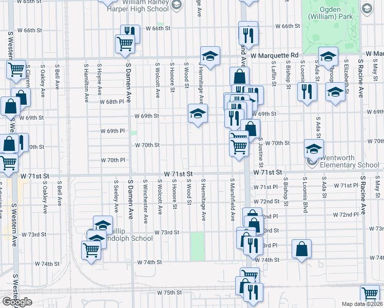 map of restaurants, bars, coffee shops, grocery stores, and more near 7018 South Wood Street in Chicago