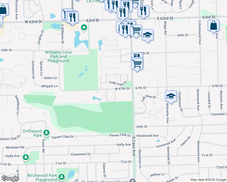 map of restaurants, bars, coffee shops, grocery stores, and more near 6705 Alpine Lane in Westmont