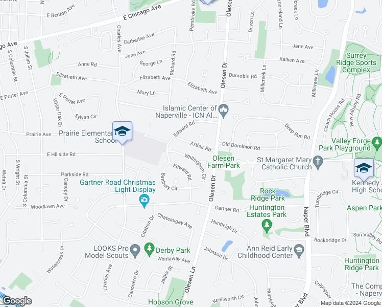 map of restaurants, bars, coffee shops, grocery stores, and more near 1227 Whitingham Circle in Naperville