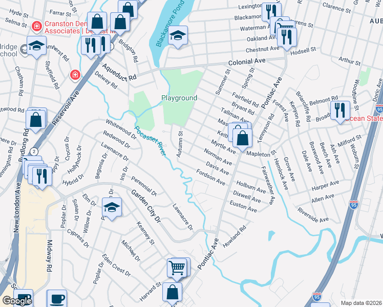 map of restaurants, bars, coffee shops, grocery stores, and more near 244 Summer Street in Cranston