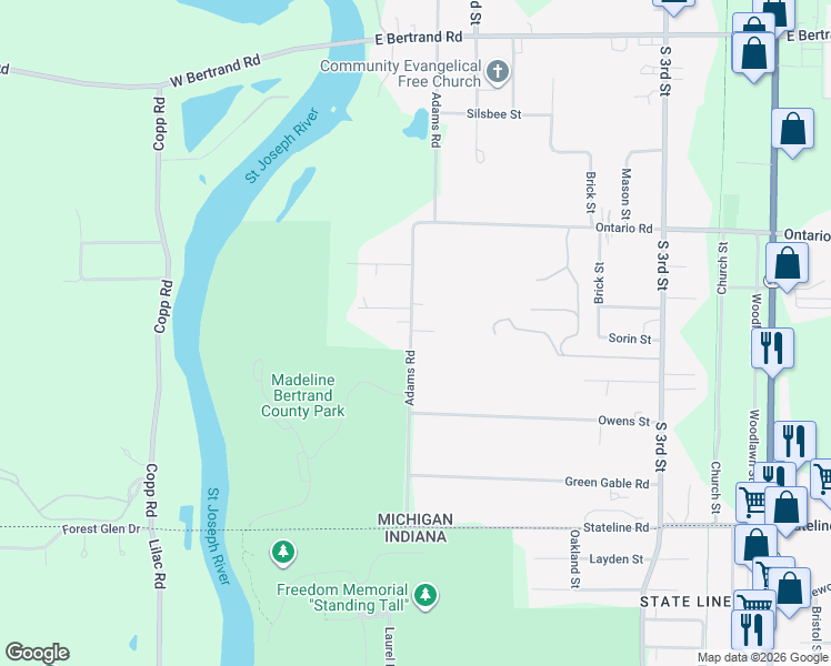 map of restaurants, bars, coffee shops, grocery stores, and more near 3018 Adams Road in Niles